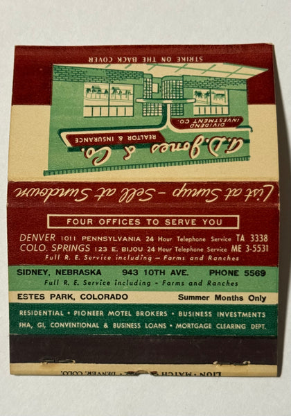 "A.D. Jones & Co." Colorado Springs, ME Vintage Feature Matchbook -B