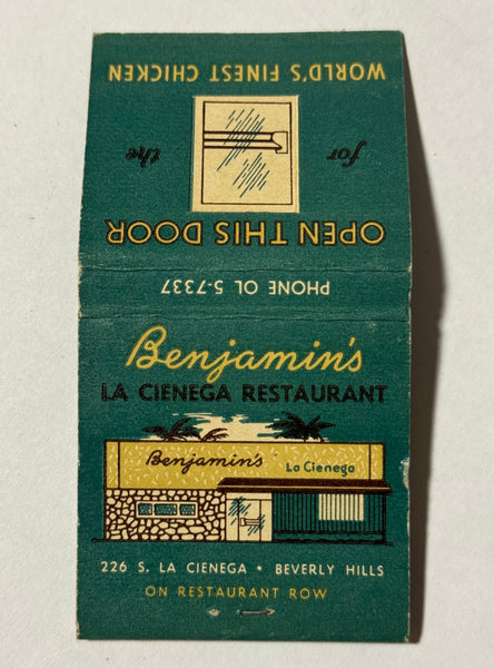 "Benjamin's La Cienega Restaurant" Beverly Hills, CA Vintage Feature Matchbook