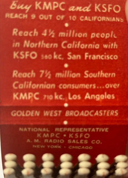 "KMPC and KSFO Broadcasting" Los Angeles & San Francisco Vintage Feature Matchbook