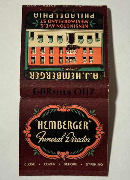 "A.J. Hemberger Funeral Director" Phila, PA  Vintage Feature Matchbook