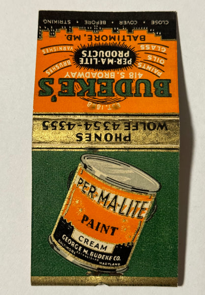 "Budeke's Paint #2 - Distrib. Bronzite" Baltimore, MD Vintage Feature Matchbook