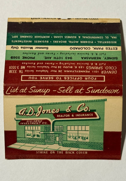 "A.D. Jones & Co." Colorado Springs, ME Vintage Feature Matchbook -B