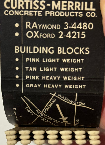 "Curtiss-Merrill Concrete Products Co." Santa Fe Springs CA Vintage Feature Matchbook