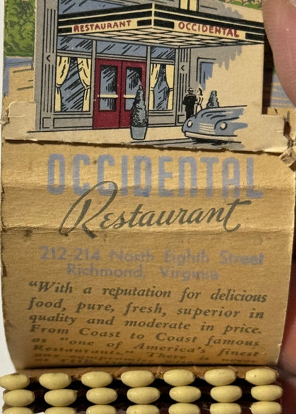 "Occidental Restaurant" Richmond, VA Vintage Feature Matchbook with a Pop-Up Cover!