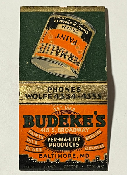 "Budeke's Paint" Baltimore, MD Vintage Feature Matchbook