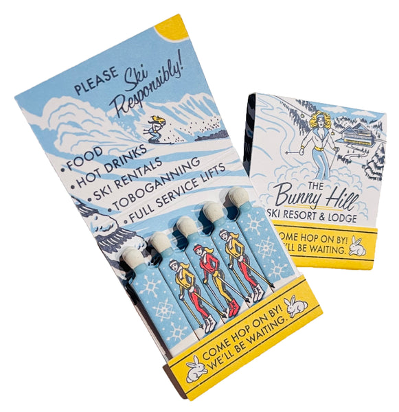 "The Bunny Hill" Skiing Retro Feature Matchbook with Illustrated Skis Spot Strikers!