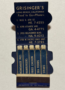 "Grisinger's Southern Fried Chicken" Long Beach, CA Vintage Feature Contour Matchbook