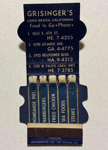 "Grisinger's Southern Fried Chicken" Long Beach, CA Vintage Feature Contour Matchbook