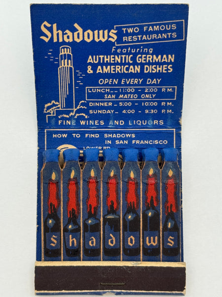 "San Mateo Shadows German American Cuisine" San Francisco, CA Vintage Feature Matchbook
