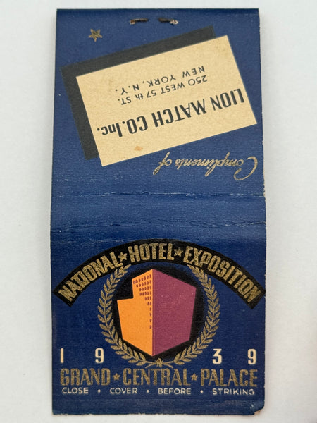 "1939 National Hotel Exposition -Compliments of Lion Match Co. Inc." New York City, NY Vintage Feature Matchbook