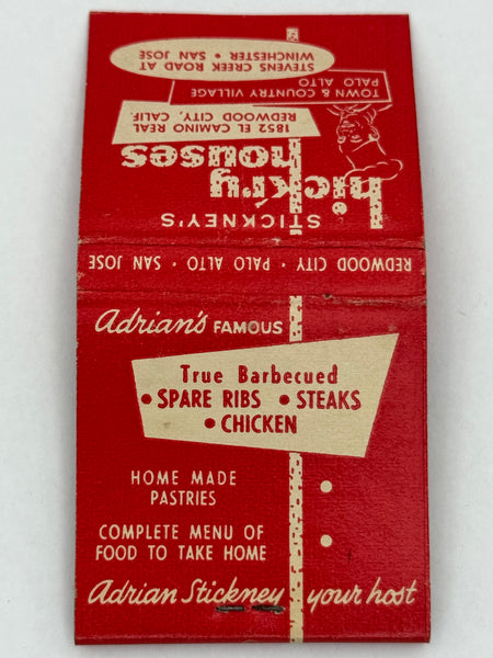 "Stickney’s Hick’ry Houses" Palo Alto, CA Vintage Feature Matchbook