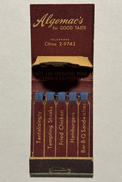 "Algemac’s" Glendale, CA Vintage Feature Matchbook with a Pop-Up Display