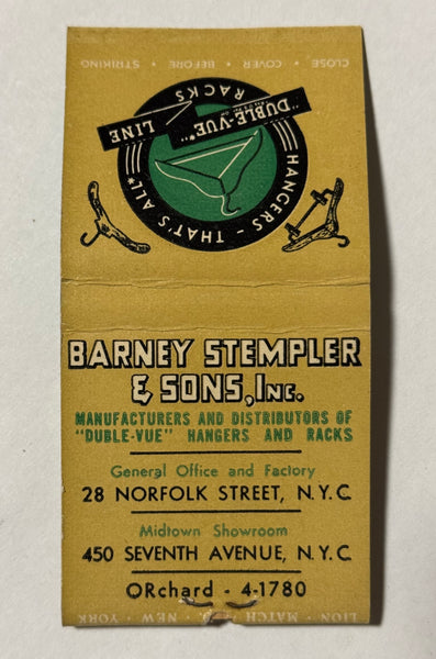 "Barney Stempler & Sons Inc" New York, NY  Vintage Feature Matchbook