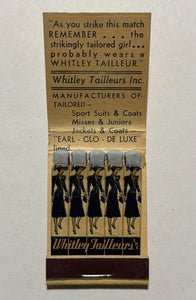 "Whitley Tailleurs Inc" Vintage Feature Matchbook