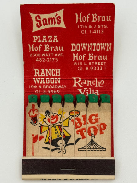 "Sam’s Big Top" Sacramento, CA Vintage Feature Matchbook