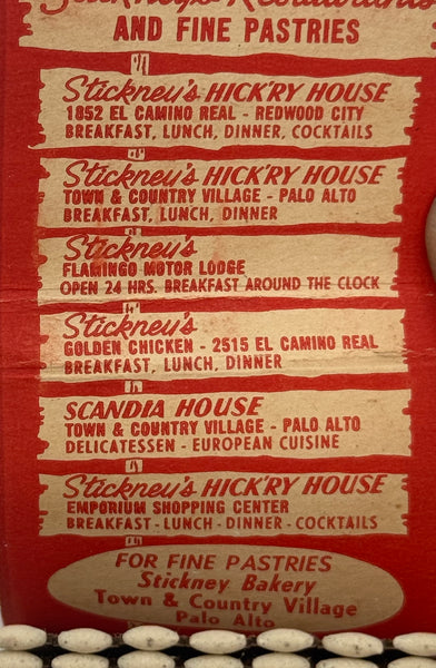 "Stickney’s Hick’ry House" Palo Alto. CA Vintage Feature Matchbook