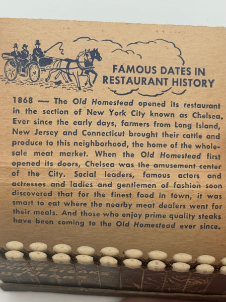 "The Old Homestead" NYC, NY Vintage Feature Matchbook