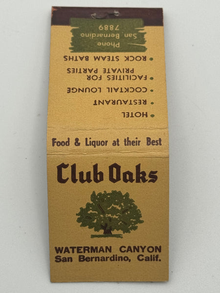 "Club Oaks" San Bernardino, CA Vintage Feature Matchbook