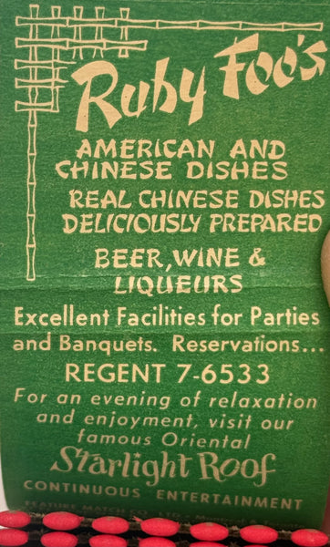 "Ruby Foo’s" Montreal, CN Vintage Feature Matchbook
