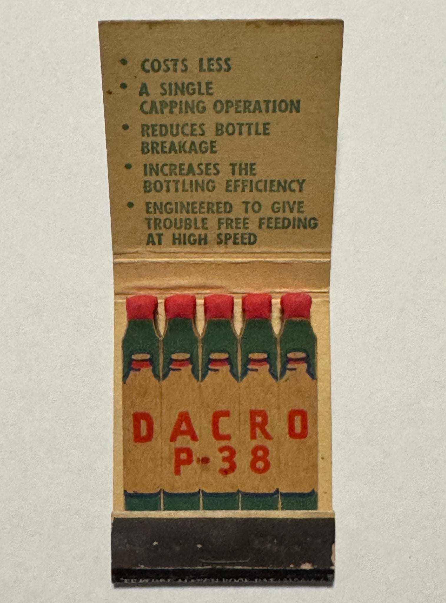 "Dacro P-38 Milk Bottle Caps" Vintage Feature Matchbook