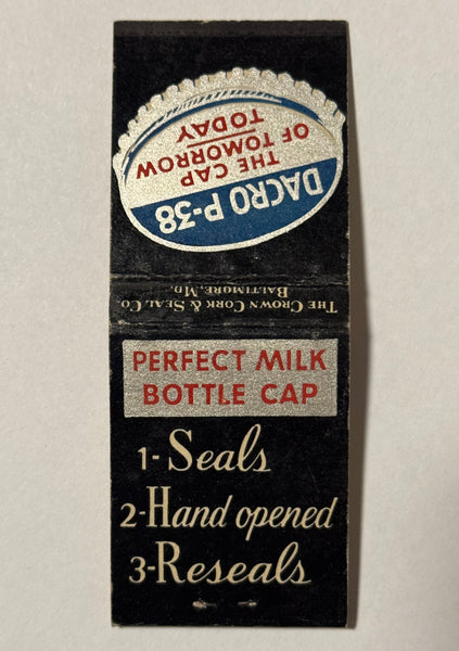 "Dacro P-38 Milk Bottle Caps" Vintage Feature Matchbook