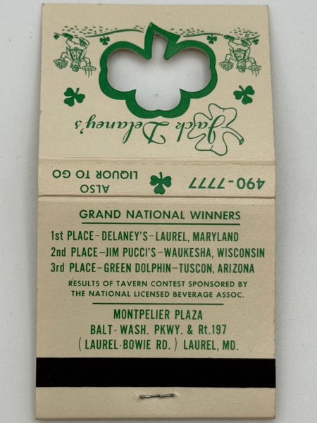 "Jack Delaney’s / Castle Bar / Emerald Bar" Laurel, MD Vintage Feature Matchbook with a Knot-Hole Cover!