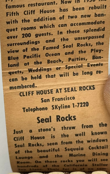 "Cliff House" San Francisco, CA Vintage Feature Matchbook with a Full-Length Cover!