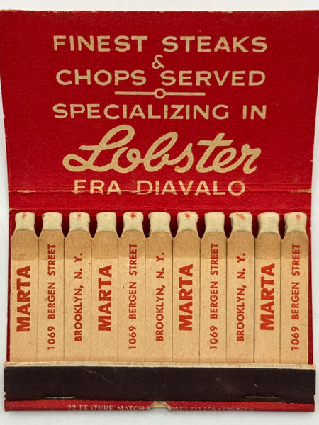 "Marta Italian Restaurant" Brooklyn, NY Vintage Feature Matchbook