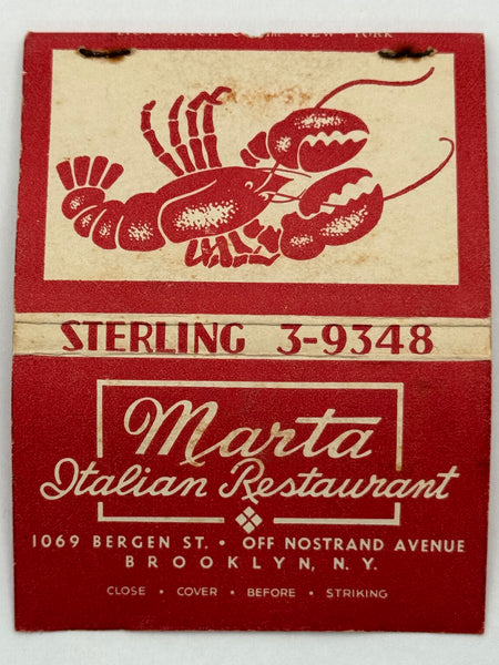 "Marta Italian Restaurant" Brooklyn, NY Vintage Feature Matchbook