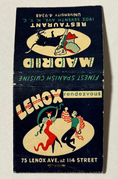 "Madrid Restaurant Lenox Rendezvous" New York, NY Vintage Feature Matchbook