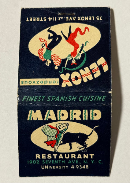 "Madrid Restaurant Lenox Rendezvous" New York, NY Vintage Feature Matchbook