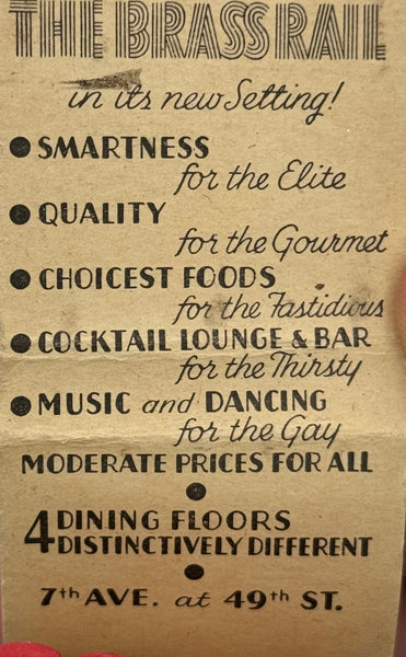 "The Brass Rail" NYC, NY Vintage Feature Matchbook B
