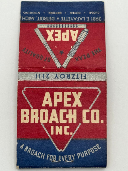 "Apex Broach Co. Inc." Detroit, MI Vintage Feature Matchbook