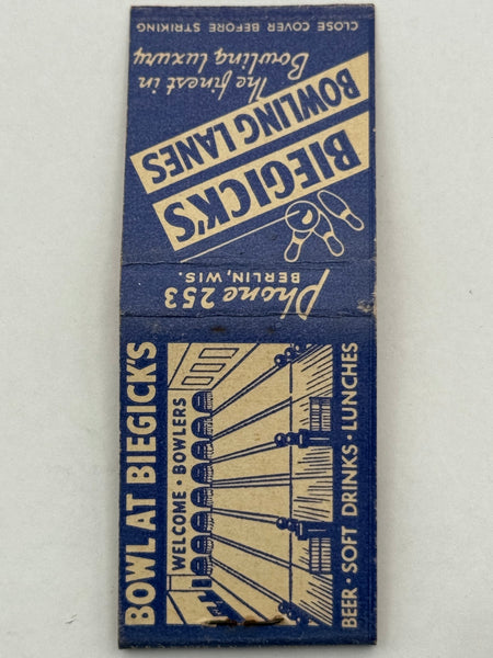 "Biegick’s Bowling Lanes" Vintage Feature Matchbook