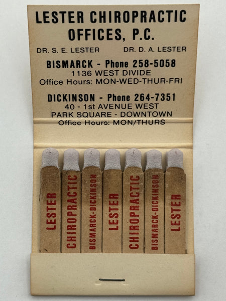 "Lester Chiropractic Offices" Bismarck, N. Dakota Vintage Feature Matchbook
