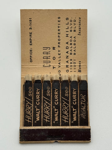 "Walt Curry Realtor" San Fernando, CA Vintage Feature Matchbook with Business Card Interior