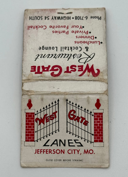 "West Gate Lanes" Jefferson City, MO Vintage Feature Matchbook B