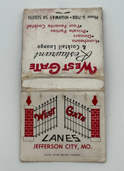 "West Gate Lanes" Jefferson City, MO Vintage Feature Matchbook
