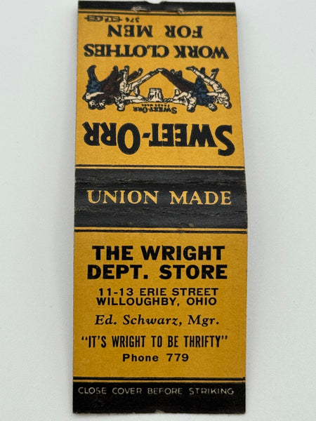 "The Wright Dept. Store/ Sweet-Orr" Willoughby, OH  Vintage Feature Matchbook