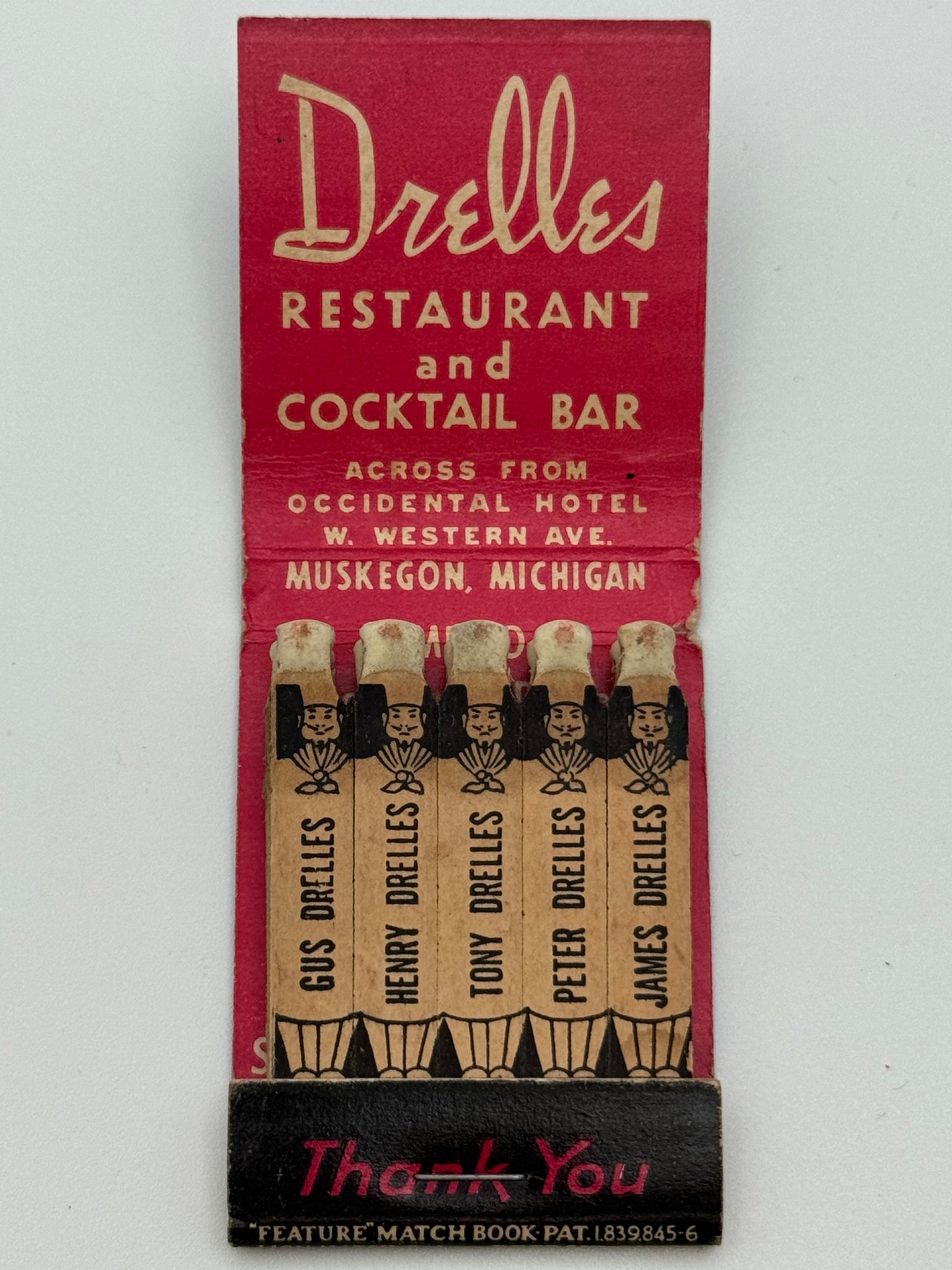 "Drelles Restaurant" Muskegon, WI Vintage Feature Matchbook
