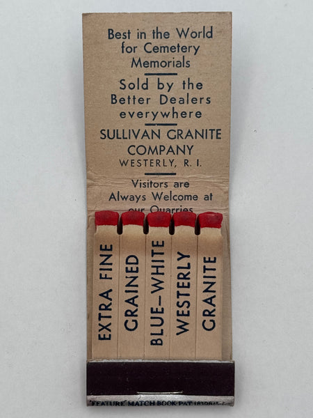 "Sullivan Granite Company" Westerly, RI Vintage Feature Matchbook