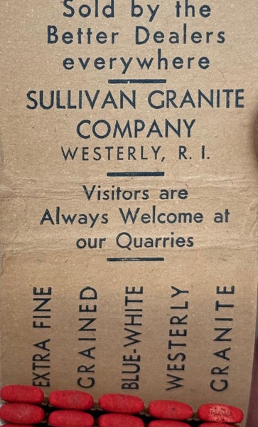 "Sullivan Granite Company" Westerly, RI Vintage Feature Matchbook