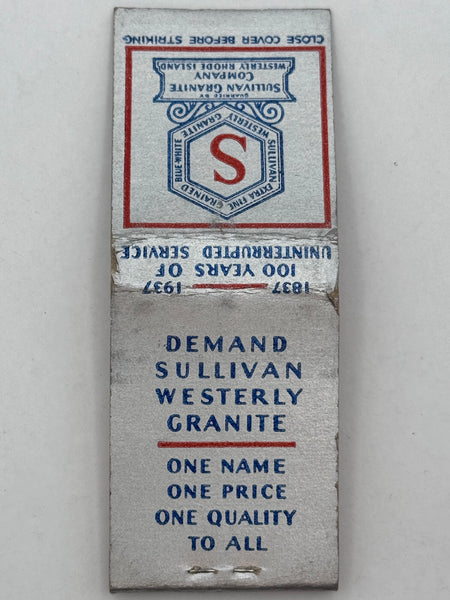 "Sullivan Granite Company" Westerly, RI Vintage Feature Matchbook