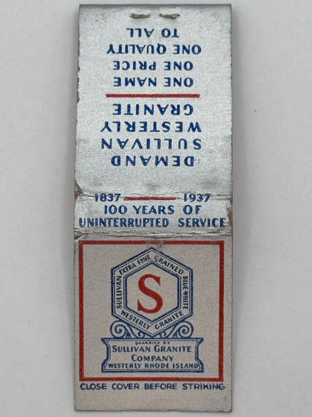 "Sullivan Granite Company" Westerly, RI Vintage Feature Matchbook