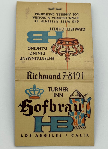 "Turner Inn Hofbrau" Los Angeles, CA Vintage Feature Matchbook -B