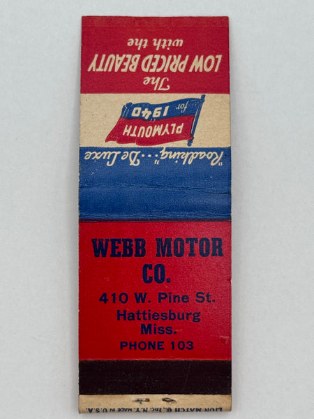 "Webb Motor Co." Hattiesburg, MS Vintage Feature Matchbook