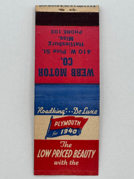 "Webb Motor Co." Hattiesburg, MS Vintage Feature Matchbook
