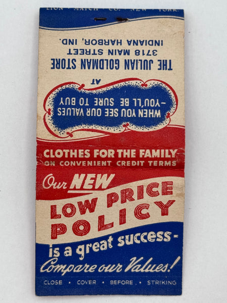 "The Julian Goldman Store" Indiana Harbor, IN Vintage Feature Matchbook w/ a Pop-Up Display!