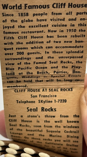 "Cliff House" San Francisco, CA Vintage Feature Matchbook with a Full-Length Cover! -B