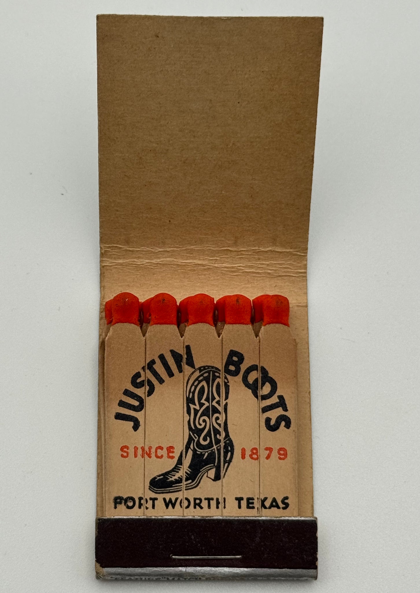 "Justin Cowboy Boots" Fort Worth, TX Vintage Feature Matchbook